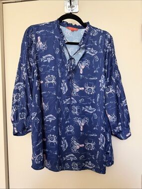 1X Modcloth Sea Creatures Ruffle Neck Blouse